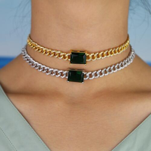 Women iced out bling cz miami cuban chain choker 32+8cm with heavy green baguette cz paved chain necklace