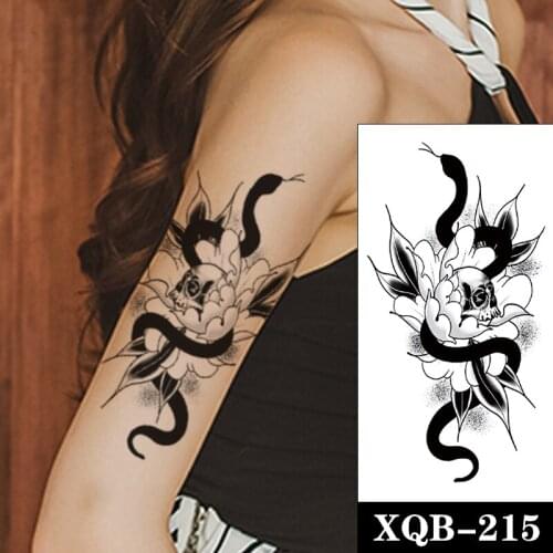 Black Snake Waterproof Temporary Tattoo Sticker White Flowers Leaves Design Fake Tattoos Flash Tatoos Arm Body Art for Women Men
