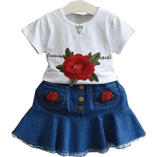 DFXD Fashion Kids Clothes Girls Summer Sets White Short Sleeve Flower Embroidery T-shirt+Jeans Skirt Children Clothing Sets 2-8Y