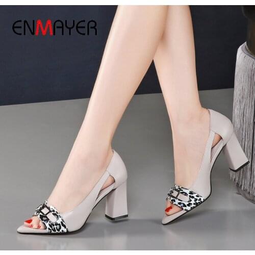 ENMAYER Sexy Leopard Print Square High Heels Peep Toe Women Sandals Basic 2020 Casual Slip-On Genuine Leather Women Shoes 34-40