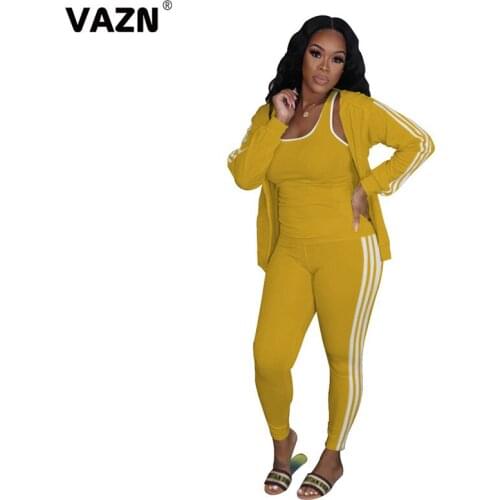 VAZN Hot Sale 2020 Autumn Sexy Lady 3-Piece Long Set full Sleeve Coats Waistcoat Top Elastic Pants Set Young Sport Fashion Sets