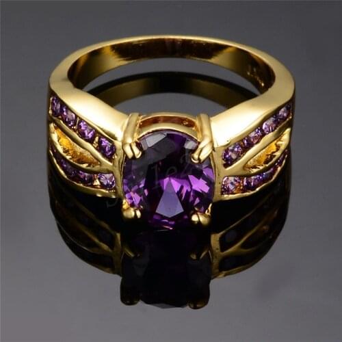 Elegant Female Purple Crystal Stone Ring 18KT Yellow Gold Big Wedding Rings For Women Luxury Oval Zircon Stone Engagement Ring