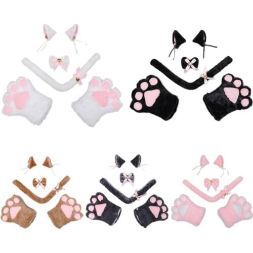 Girls Anime Cat Ears Set Furry Hairpin Lolita Kitty Tail Paws Gloves Bells Bows Adorn Halloween Cosplay Costume