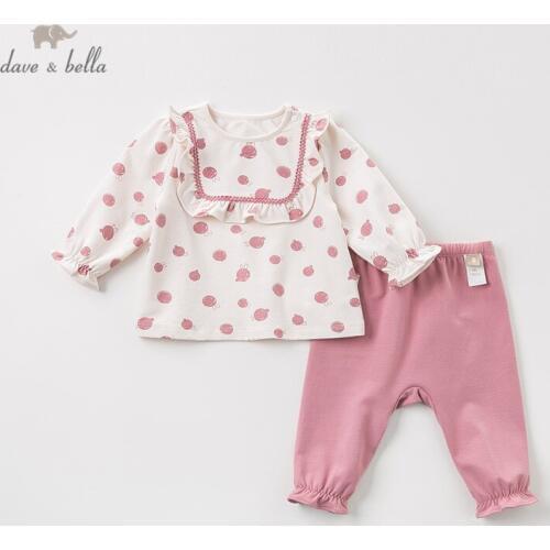 DBM10844 dave bella autumn baby girls fashion dots clothing sets kids cute long sleeve sets children 2 pcs suit