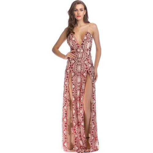 Red Sequined Spaghetti Strap Deep V Neck Backless Open Split Sexy Women Dresses Evening Party Gowns Long Dress Elegant Clubwear