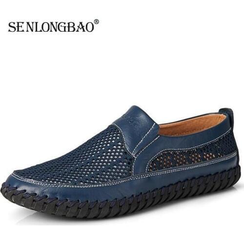 Summer Breathable Mesh Casual shoes Slip-On Flats shoes Comfortable Genuine Leather Mens shoes Outdoor Lightweight Sneakers