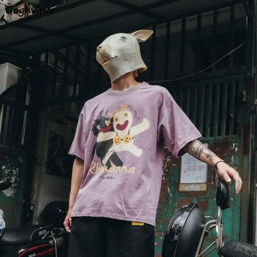 Summer Cartoon Printed T-shirts Women BF Harajuku Hip-pop Short Sleeve Oversize T Shirt Couples Preppy Cotton Tees Ulzzang Chic