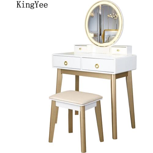 KingYee Bedroom Furniture Household Dresser Table Jewelry Storage Cabinet Dressing Table with Makeup LED Mirror & Dressing Stool
