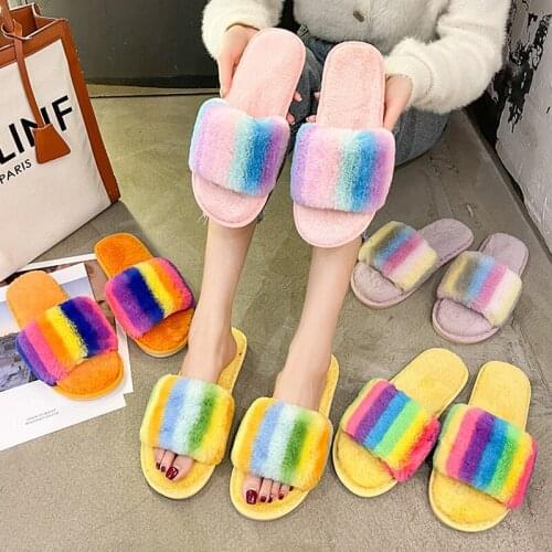 Fashion Font Home Indoor Slippers Furry Rainbow Women Shoes Cozy Plush Non-slip Floor House Slippers for Winter Fall 2021 New