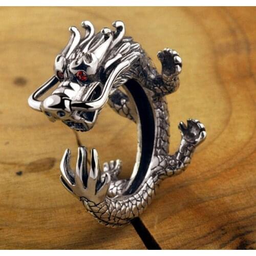 925 Sterling Silver thai Mens retro biker 3D detail dragon punk ring jewelry A4087