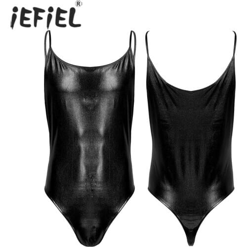 Mens Lingerie Teddies Skinny Bodysuit Patent Leather Bodycon Bodystocking Tops Vest Shiny Jockstraps Spaghetti Strap Costumes