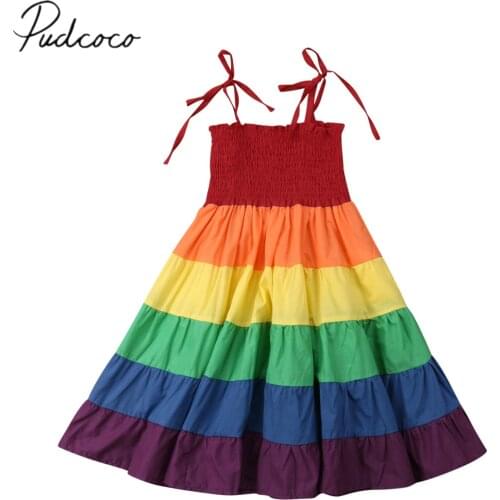 2019 Brand New Infant Kid Baby Girls Dress Colorful Rainbow Striped Print Ruffles A-Line Dress Sundress Summer Cute Outfit 2-7Y