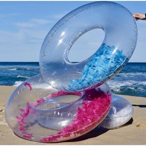 New Design Inflatable Swimming Ring with Blue Pink Feathers Women Swim Circle Tube Beach Summer Water Party Inflatable Pool Toys