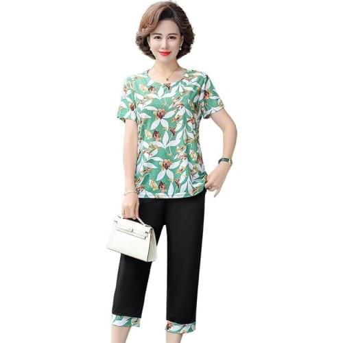 New Summer Women Suits Middle-aged Mother Clothing Short-sleeved T-shirt Tops Plus Size XL-5XL Two-piece Female Casual Pants Set