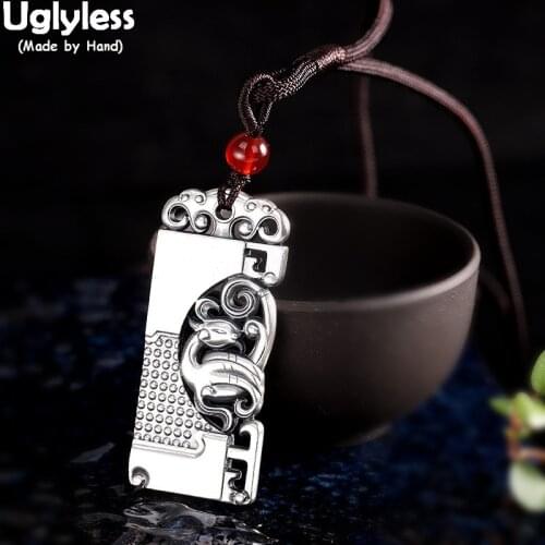 Uglyless Solid 999 Pure Silver Phoenix Pendants with Rope Unisex Square Necklace Vintage Ethnic Animal Totem Fine Silver Jewelry