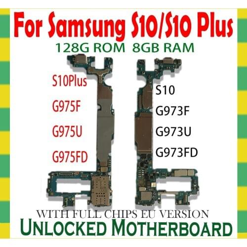 128GB Unlocked Motherboard For Samsung Galaxy S10 Plus G973F G973FD G973U G975F G975FD G975U Unlock Mainboard Logic Boards 8GB
