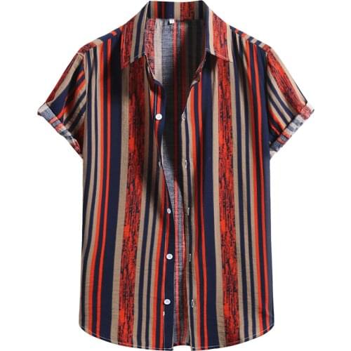 Stripe Print Shirts Mens Cotton Linen Blouse Summer Vintage Printing Short Sleeve Button Shirt Blouse Tropical Hawaii Clothes