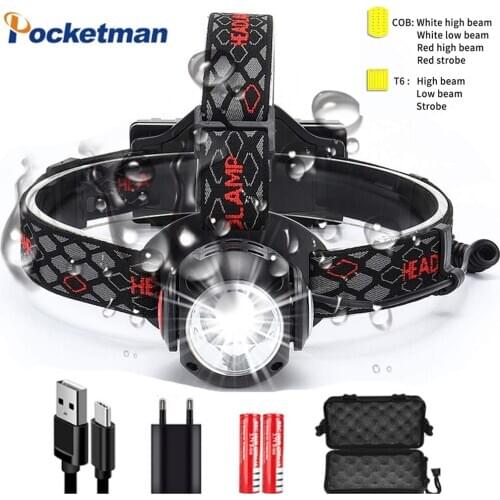 7000LM USB Rechargeable Headlight T6+COB LED Head Light 7 Modes White Red Light Adjustable Outdoor Headlamp Use 18650 Battery