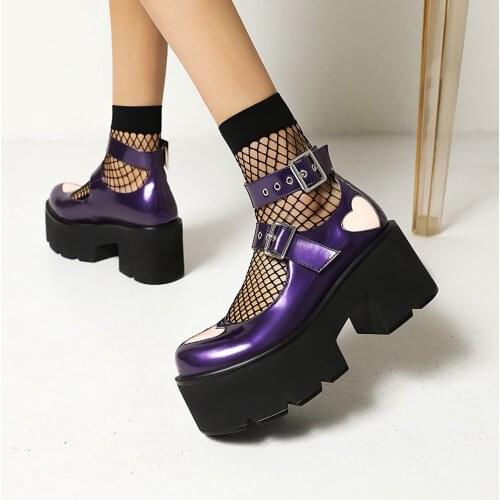 Ultra-High Waterproof Platform Purple Shiny Patent Leather Street Punk Style Pumps Cross Metal Buckle Ultra-Thick Thick-Heeled
