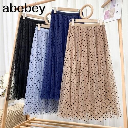Skirts Womens Summer Casual Elastic High Waist Mesh Midi Skirt Spring Woman Skirts Elegant Flocking Polka Dot Skirt