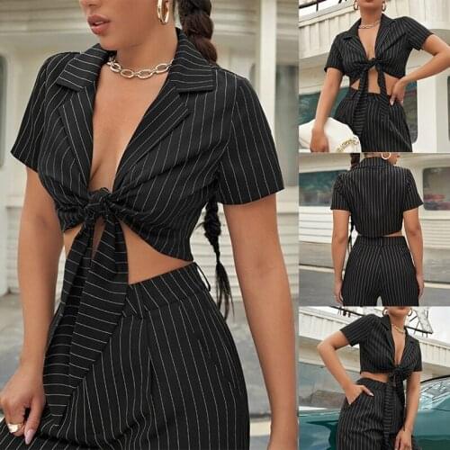 Womens Striped Cropped Shirt with Front Tie Short Sleeve Casual Summer Tops