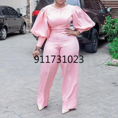 Women Jumpsuits Puff Sleeve Solid Color O-Neck Straight Simple Style Leisure Elegant Loose Pants Chic Overalls 2021
