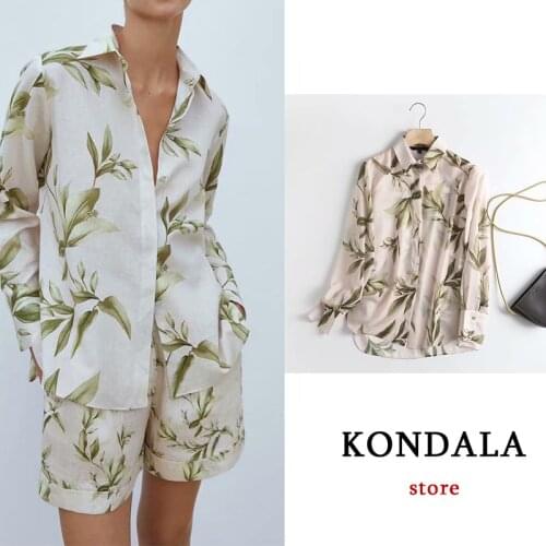 KONDALA Women Chic Print Vintage Shirts Za 2021 Long Sleeve Turn Down Collar Single Button Oversized Blouses Office Lady Tops