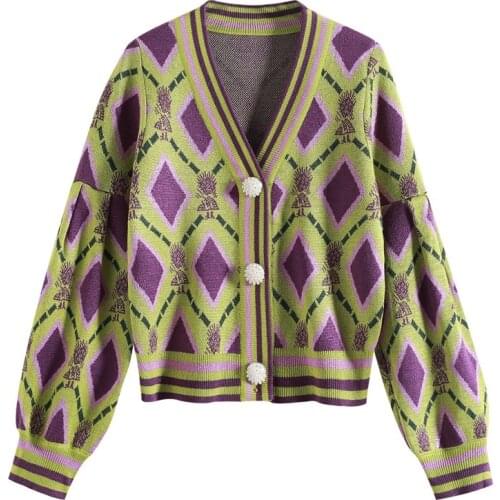 For Autumn Winter Women V Neck Lantern Sleeve Diamond Jacquard Knitted Cashmere Cardigan with Pearl Button