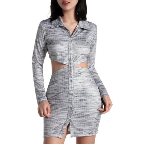 Women Button-down Sheath Dress Adults Solid Color Long Sleeve Ladies Lapel Cutout