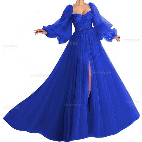 Womens Vintage Prom Dress Long Puffy Long Sleeve Tulle Formal Dress Wedding Bridal Ball Gowns V Neck Lace Applique Maxi Dresses