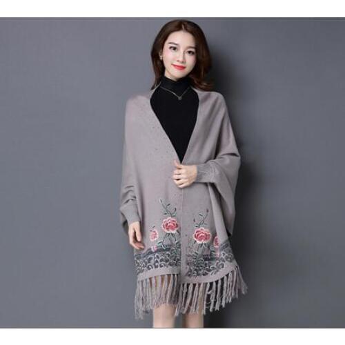 Winter fashion cashmere flower embroider poncho with sleeve for women