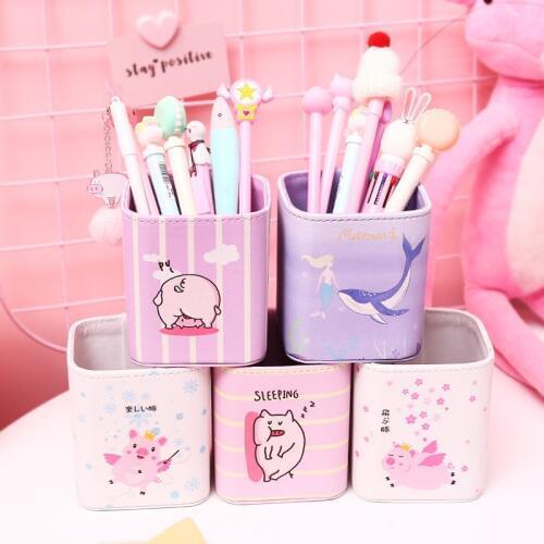 1pc Square Cartoon Pig Mermaid Leather Ruler Gel Pen Pencil Pot Holder School Office Organizer Desk Girl Stationery Container