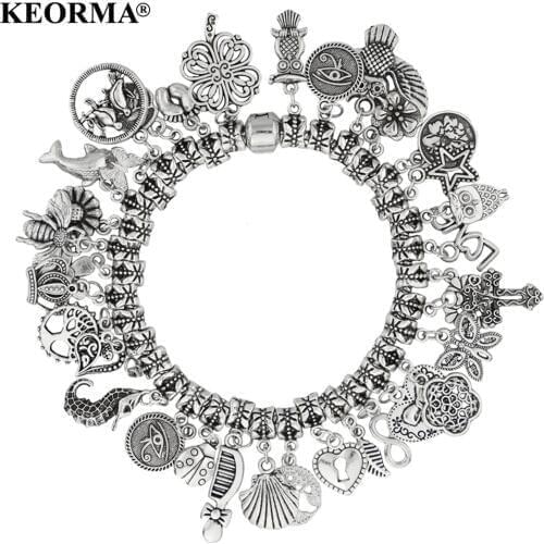 KEORMA Free Shipping Mixed Charms Beads Bracelet European Silver Color Beads bracelets for women Women Bracelets