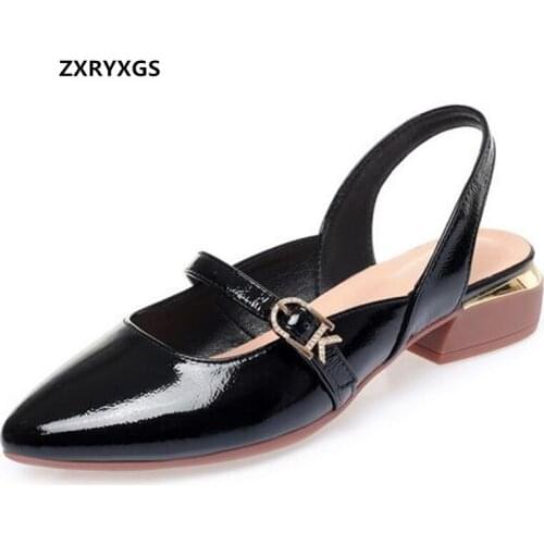 2021 New Summer Pointed Cowhide Patent Leather Sandals Fashion Elegant Shoes Soft Sole Thick Heel Comfortable Women Sandals