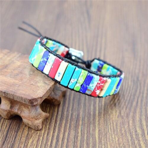 Chakra Bracelet Jewelry Handmade Multi Color Natural Stone Square Beads Leather Wrap Bracelet Couples Bangle Punk Style Jewelry