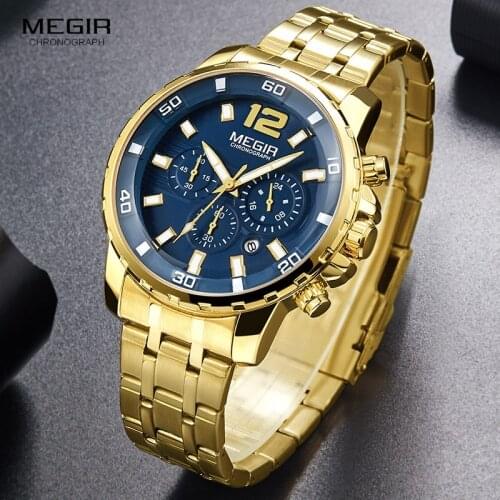 Megir Mens Gold Stainless Steel Quartz Watches Business Chronograph Analgue Wristwatch for Man Waterproof Luminous 2068GGD-2N3