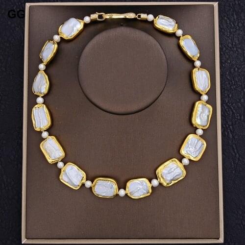 GuaiGuai Jewelry 18.5" Natural White Square Keshi Pearl Gold Color Plated Necklace For Women