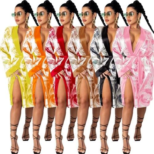 Cardigan print tie long coat temperament jacket nightclub clothes Print Shiny Nightclub Party Sexy Clothes for Women