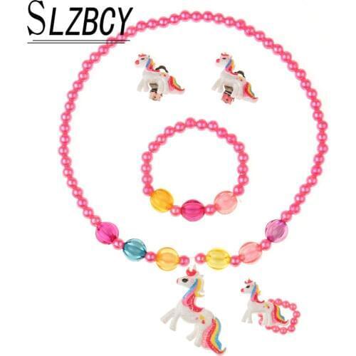 4 pcs/set Unicorn Children Jewelry Set Women Cute Simulated Pearl Acrylic Necklace Ear Clip Ring Elastic Bracelet Kids Jewelry
