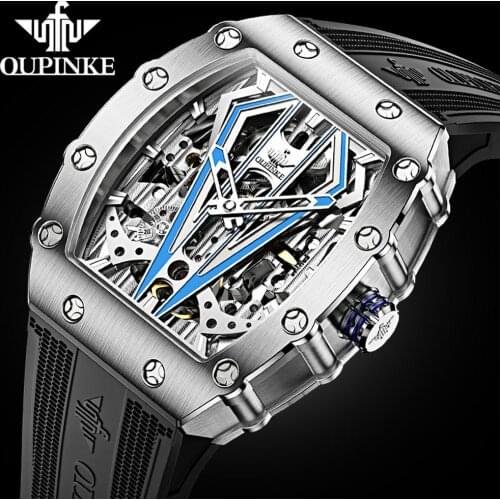 OUPINKE 2021 New Mens Automatic Mechanical skeleton Black watch Silicone Strap with Synthetic Sapphire Crystal Wristwatch