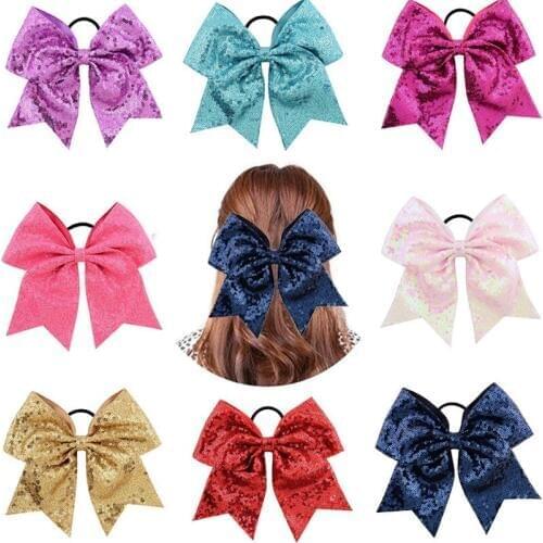New 8 Inch Sequin Cheer Bow Elastic Hair Bands Ponytail Holder Hair Ties Women Kids Rubber Band Handmade Girls Hair Accessories