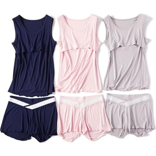 Pregnancy Blue And Pink Maternity Sleepwear Summer Pijamas Modal Sleeveless Solid Women Nursing Sleepwear Sets