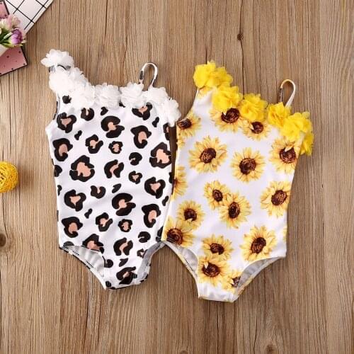0-5Y Summer Kid Baby Girls Bikini Sunflowers/Leopard Print Ruffles Lace Swimwear Beachwear Bodysuits