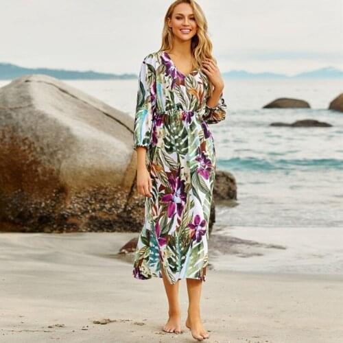 Violet Floral And Foliage Print Maxi Dress Beach Holiday Resortwear Cotton Loungewear Comfy Bikini Overall 3/4long Sleeve Gowns