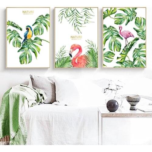 Nature Letter Picture Home Decor Wall Art Nordic Canvas Painting Animal Brid Flamingo Green Leaf Poster for Living Room Bedroom