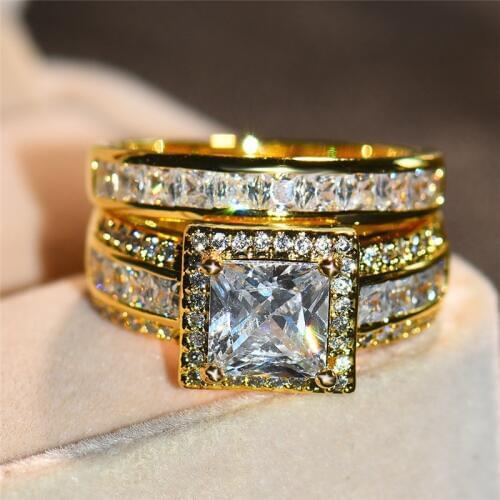 Luxury Female Stackable Weddin Ring Set Crystal Gold Color Color Bridal Ring Promise Engagement Rings For Women