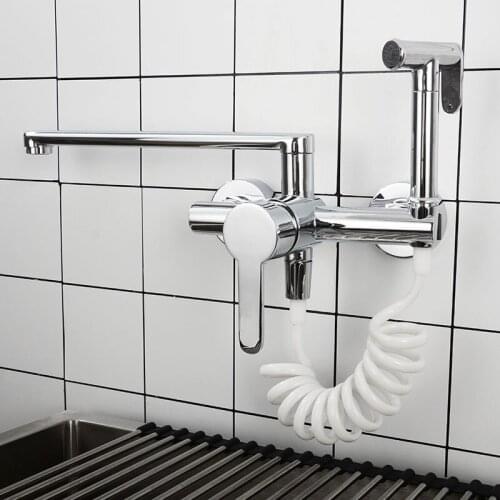 Kitchen Sink Water Faucet Wall Mounted Hot And Hot Water Mixer Tap With Sprayer Chrome/Black Brass