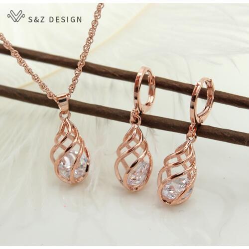 S&Z Spiral Hollow Water Drop Dangle Drop Zircon Earrings 585 Rose Gold Color Jewelry Set For Women Gift Anti-allergy Eardrop