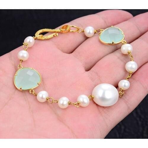 GuaiGuai Jewelry 8'' White Baroque freshawter Pearl Green Crystal Bracelet For Women Girl Birthday Leaves Bracelet Jewelry