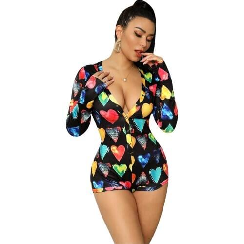 Women Color Love Print Long Sleeve Deep V-Neck Short Jumpsuit Romper Bodysuit Black Night Party Short Playsuit One Piece Outfits
